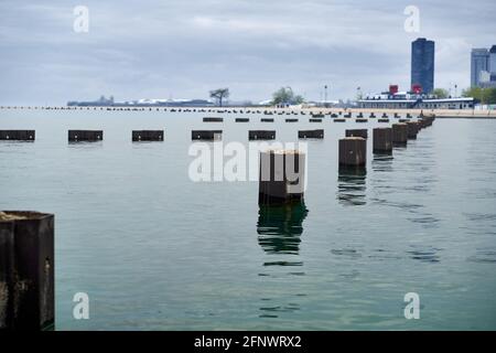 view of North Avenue beach looking across pylons looking south Stock Photo