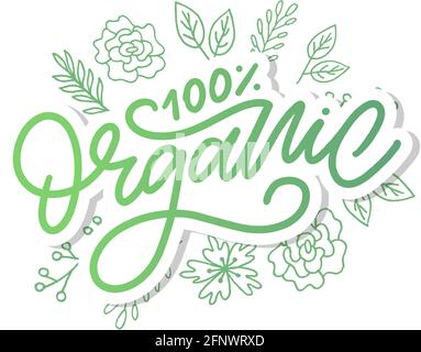 Organic brush lettering. Hand drawn word organic with green leaves. Label, logo template for organic products, healthy food markets. Stock Vector