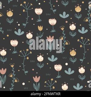 Doodle floral seamless pattern. Scandinavian style print with cute flowers on dark background. Trendy vector happy illustration, textile and Stock Vector