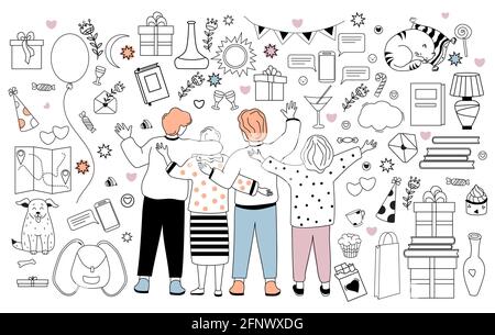 Big vector set of doodles about friendship, holidays and love. People friends - boys and girls, pets and festive decor. Outline, line. Isolated over Stock Vector