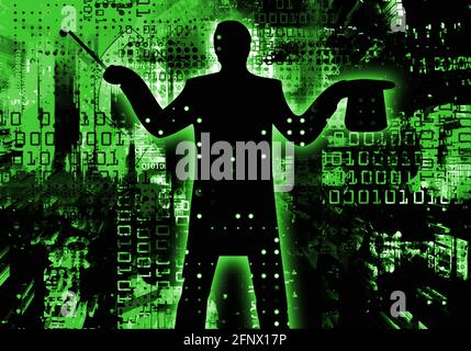 Computer specialist, programmer, Magician. Stylized Silhouette of a magician with hat against a dynamic green abstract background with Binary codes.