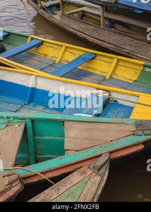 Leticia, Peru - May 11, 2016: Traditional, indian  boats  on the bank of the river. Amazonia. Latin America. Stock Photo