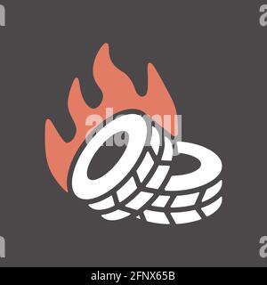 Two lying burning tires revolutionary barricade vector glyph icon. Demonstration, protest, strike, revolution Stock Vector