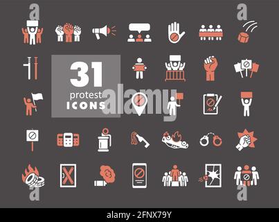 Protest, demonstration, strike, revolution set vector glyph icons. Graph symbol for your web site design, logo, app, UI Stock Vector