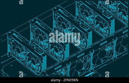 Stylized vector illustration of isometric drawings of a mining farm close-up Stock Vector