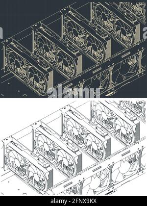 Stylized vector illustration of isometric drawings of a mining farm close-up Stock Vector