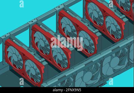 Stylized vector illustration of a mining farm close-up Stock Vector