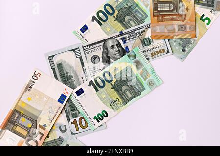 topview of dollar and euro bills as a background Stock Photo