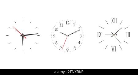 Modern wall clock set with roman and Arabic numerals in minimalism style. Stock Vector