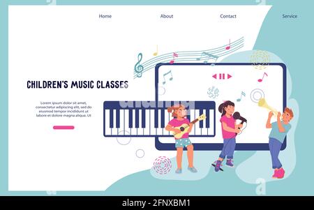 Online musical education for children website template. Video tutorials on learning to play musical instruments and online music school, flat vector i Stock Vector