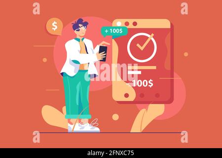Young man transfer money from smartphone Stock Vector