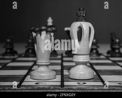 Black and white photo of king and queen chess pieces. Stock Photo