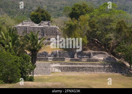 The main plaza seen from El Castillo at the Mayan ruins of Xunantunich. Mayan for The Stone Maiden, or Lady of the Rocks, the Mayan city was named aft Stock Photo