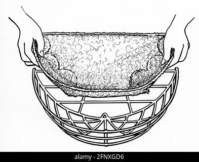 A drawing of a pair of hands placing a sphagnum moss liner into a wall basket Stock Photo