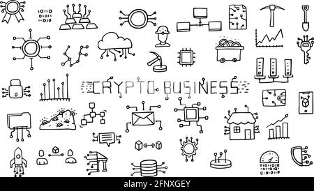 Hand-drawn crypto business icons. Blockchain technology. Abstract miner and cryptocurrency Stock Vector