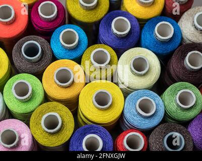 Multicolored threads, Rows of spools for sewing machine and embroidery Stock Photo