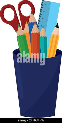 School supplies in a pencil holder Vector illustration Stock Vector