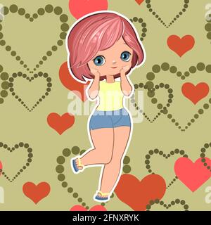 Little girl in sports shorts and a T-shirt. Flirts. Handsome fashionable child. Vector illustration Stock Vector