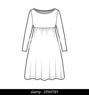 Dress babydoll technical fashion illustration with long sleeves, oversized body, knee length A-line skirt, boat neck. Flat apparel front, white color style. Women, men unisex CAD mockup Stock Vector