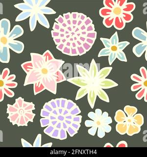 Flowers. Seamless illustration. Cartoon style sketch of meadow. Hand outline drawing plants. vector Stock Vector