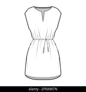 Dress tunic technical fashion illustration with tie, sleeveless, oversized body, mini length skirt, slashed neck. Flat apparel front, white color style. Women, men CAD mockup Stock Vector