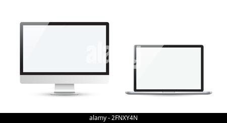 Devices in realistic trendy design on white background. Set of computer and laptop with empty screens. Mock up. Stock Vector