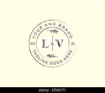 LV letters floral frames. Botanical feminine editable premade monoline unique decoration for greeting card, wedding invitation. Stock Vector