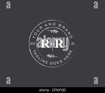 RR letters floral frames. Botanical feminine editable premade monoline unique decoration for greeting card, wedding invitation. Stock Vector
