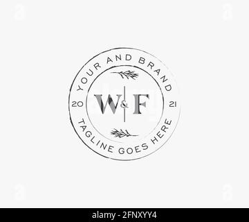 WF letters floral frames. Botanical feminine editable premade monoline unique decoration for greeting card, wedding invitation. Stock Vector