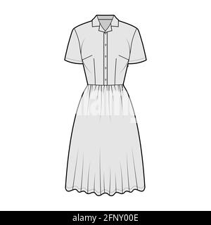 Dress house shirt technical fashion illustration with short sleeves, knee length full skirt, classic henley collar. Flat apparel front, grey color style. Women, men unisex CAD mockup Stock Vector