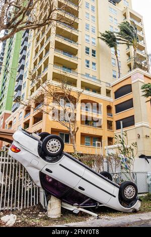 Miami Beach Florida,Alton Road car upside down,Hurricane Wilma wind damage condominium parking lot, Stock Photo
