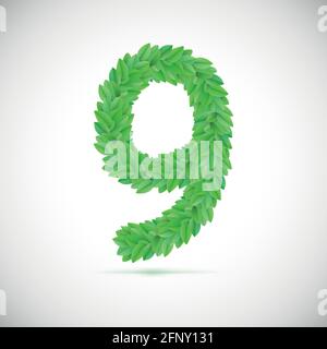 Number nine, made up of green leaves Stock Vector