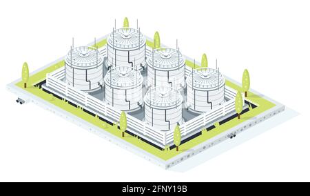 Isometric Storage of Gasoline, Crude Oil or Diesel. Tank Farm Isolated on White Background. Vector Illustration. Stock Vector