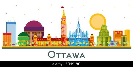 Ottawa Canada City Skyline with Color Buildings Isolated on White. Vector Illustration. Business Travel and Tourism Concept with Historic Architecture Stock Vector