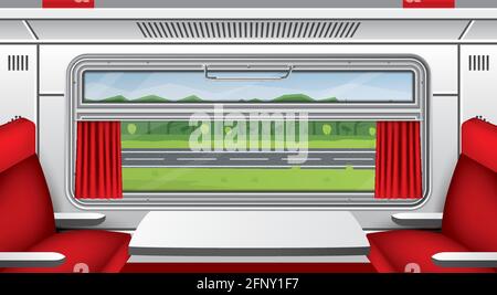 Interior of Train Wagon with Window, Red Curtains and Seats with Table. Road with Trees. Train Travel. Comfortable Voyage. Vector Illustration. Stock Vector