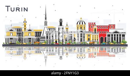 Turin Italy City Skyline with Color Buildings and Reflections Isolated on White. Vector Illustration. Business Travel and Tourism Concept. Stock Vector