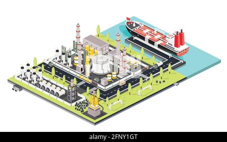 Refinery Plant. Oil Tank Farm. Maritime Port with Oil Tanker Moored at an Oil Storage Silo Terminal. Oil Petroleum Industry. Isometric Concept. Stock Vector