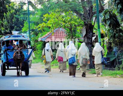 A group of female students walking to school on the side of the road while a horse drawn cart is moving in the roads center in Lombok, Indonesia. Stock Photo