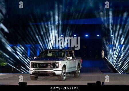 Dearborn, Michigan, USA. 19th May, 2021. Ford Motor company unveiled the new all-electric F-150 Lightning pickup truck at an event outside the Ford World Headquarters in Dearborn, Michigan on May 19, 2021. Credit: Dominick Sokotoff/ZUMA Wire/Alamy Live News Stock Photo