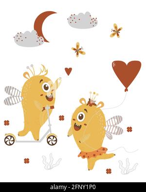 A pair of cute yellow monsters. Fantastic characters with wings - a monster girl with a balloon and a boy on a scooter. Vector illustration. For Stock Vector