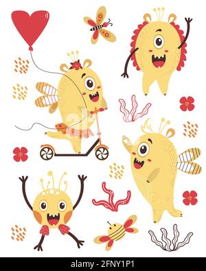 Set of cute fantastic monsters. Yellow creatures - a monster girl rides a scooter with a balloon, a boy waving his paw. Vector illustration. For Stock Vector
