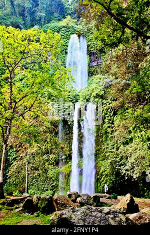 A short trek through the jungle will take you to the waterfall called Sindang Gila., in Lombok, Indonesia. Stock Photo
