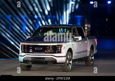 Dearborn, USA. 19th May, 2021. Ford Motor company unveiled the new all-electric F-150 Lightning pickup truck at an event outside the Ford World Headquarters in Dearborn, Michigan on May 19, 2021. (Photo by Dominick Sokotoff/Sipa USA) Credit: Sipa USA/Alamy Live News Stock Photo