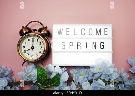 Welcome Spring text in light box and alarm clock with space copy on pink background Stock Photo
