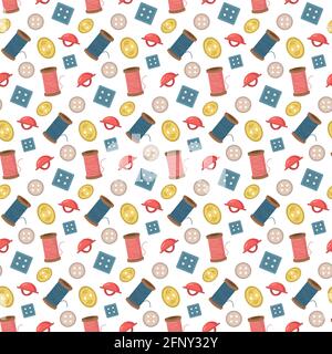 Pattern with buttons and spools of thread. Sewing tools, handmade. Stock Vector