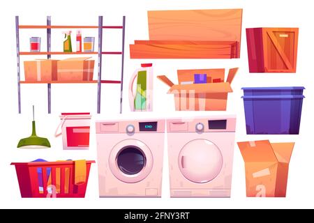 Laundry room equipment for wash and dry clothes. Vector cartoon set of washing and dryer machine, basket and detergents. Storage room with laundry, boxes, shelves, wooden boards and crate Stock Vector