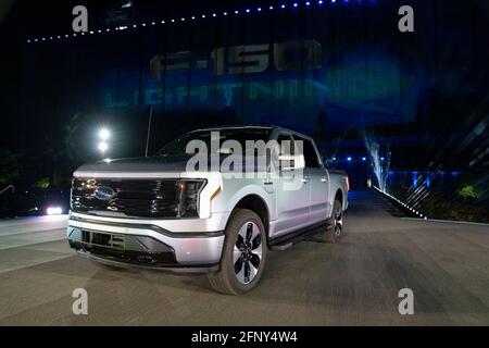 Dearborn, Michigan, USA. 19th May, 2021. Ford Motor company unveiled the new all-electric F-150 Lightning pickup truck at an event outside the Ford World Headquarters in Dearborn, Michigan on May 19, 2021. Credit: Dominick Sokotoff/ZUMA Wire/Alamy Live News Stock Photo