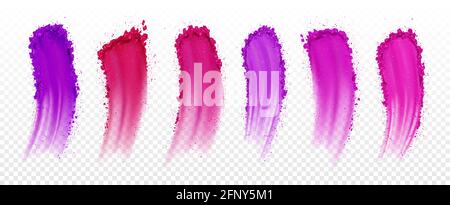 Eyeshadow swatches, smears of dry blush for makeup palette isolated on transparent background. Vector realistic set of pink and purple eye shadows and cosmetic powder strokes Stock Vector