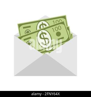 Money in an envelope isolated on white background close-up. Open envelope with dollars inside. Salary, cash reward, financial gift.Flat design. Stock Vector