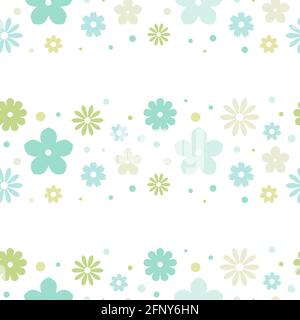 Seamless flower pattern. Cute daisy, camomile blossoms. Flat flowers of blue and green colors on white background. Vector floral illustration. Spring Stock Vector